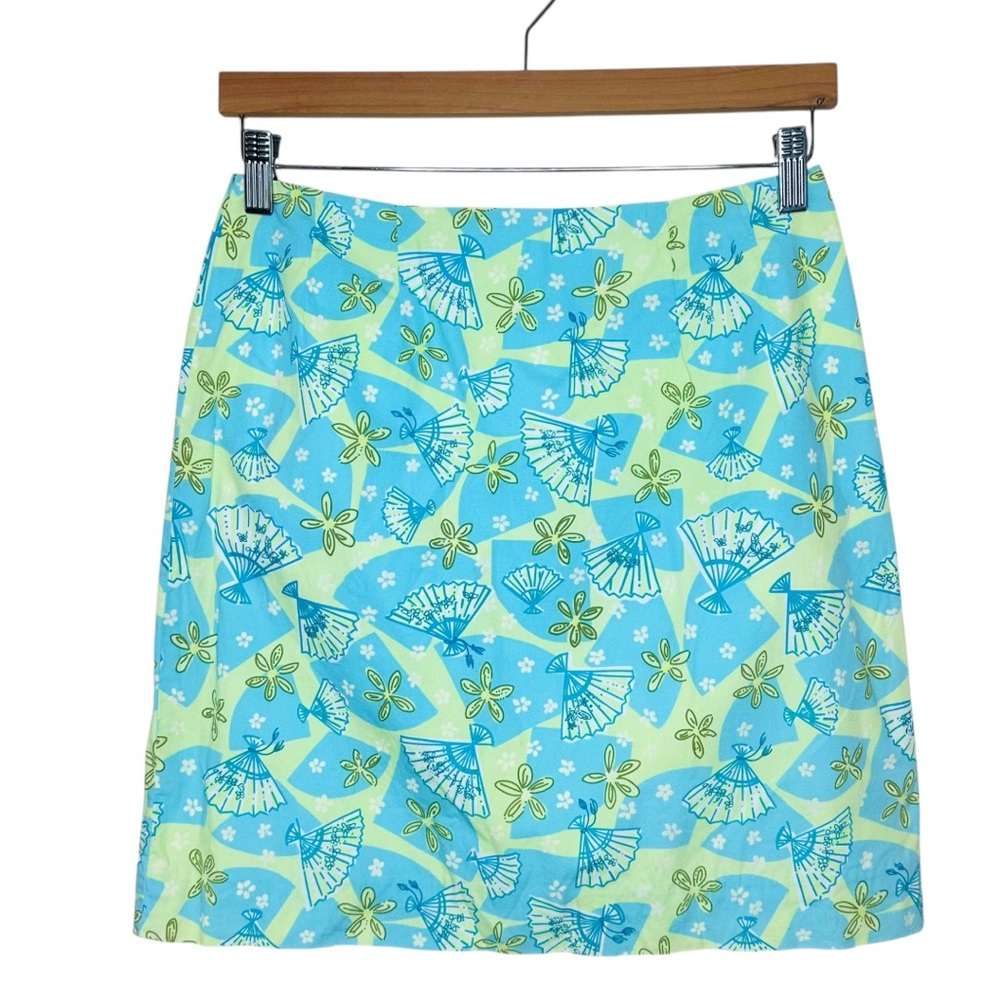 Lilly Pulitzer Y2K Mini Skirt Size 4 Novelty Fan Print Cotton Blue Green Preppy